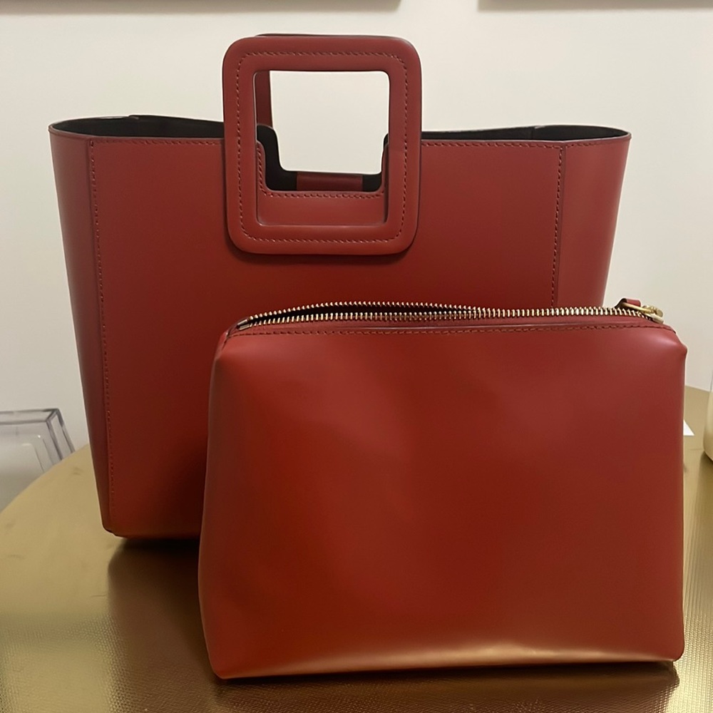 STAUD Red Square-Handle Leather Tote with Pouch